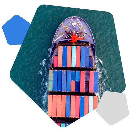 Bird's eye view of boat with shipping containers on, on the sea